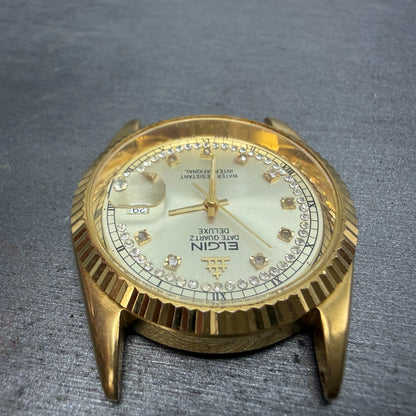 Elgin President Watch Men 35mm Gold Dial Gold Tone Date Round FK-329 PARTS5