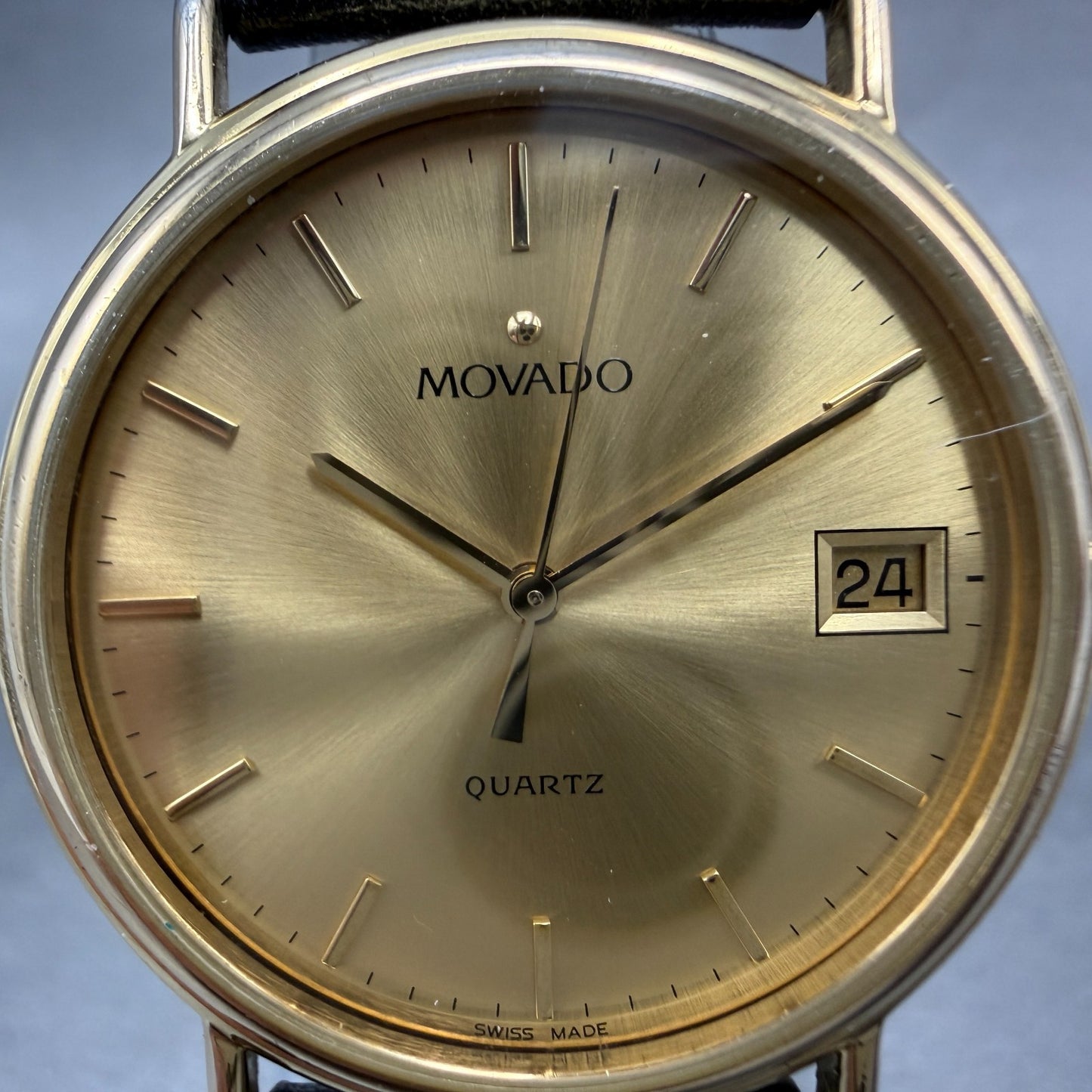 Movado Watch Men 34mm Gold Dial Gold Tone Date Round 87-A4-885 Leather New Batt1