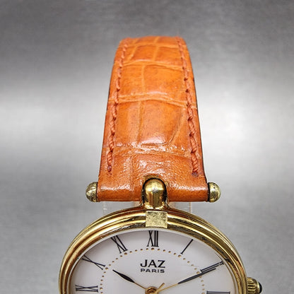 Jaz Paris Watch Women 30mm White Dial Gold Tone Round Leather Band New Battery4