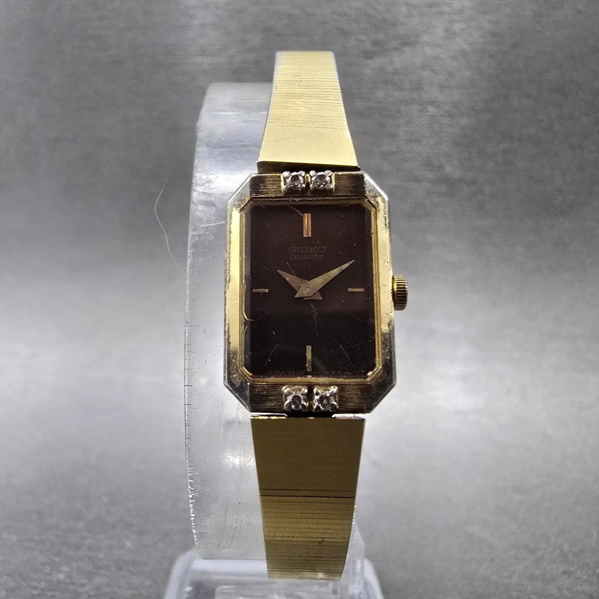 Seiko Watch Women 14mm Brown Dial Gold Rectangle Diamonds 2e20-5099 New Battery6