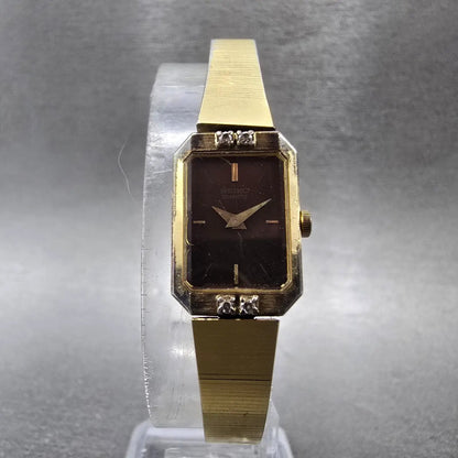 Seiko Watch Women 14mm Brown Dial Gold Rectangle Diamonds 2e20-5099 New Battery6