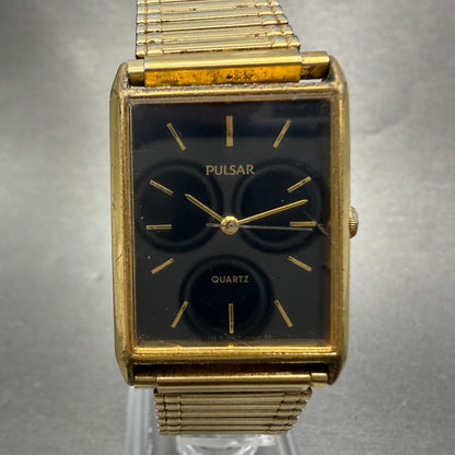 Seiko Pulsar Tank Watch Men 24mm Black Dial Gold Tone V501-5A20 New Battery VTG0