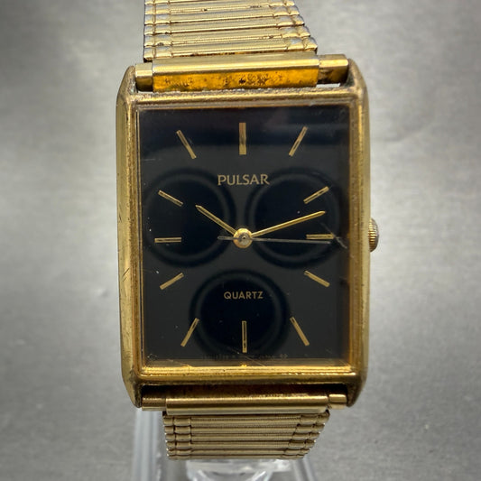 Seiko Pulsar Tank Watch Men 24mm Black Dial Gold Tone V501-5A20 New Battery VTG0