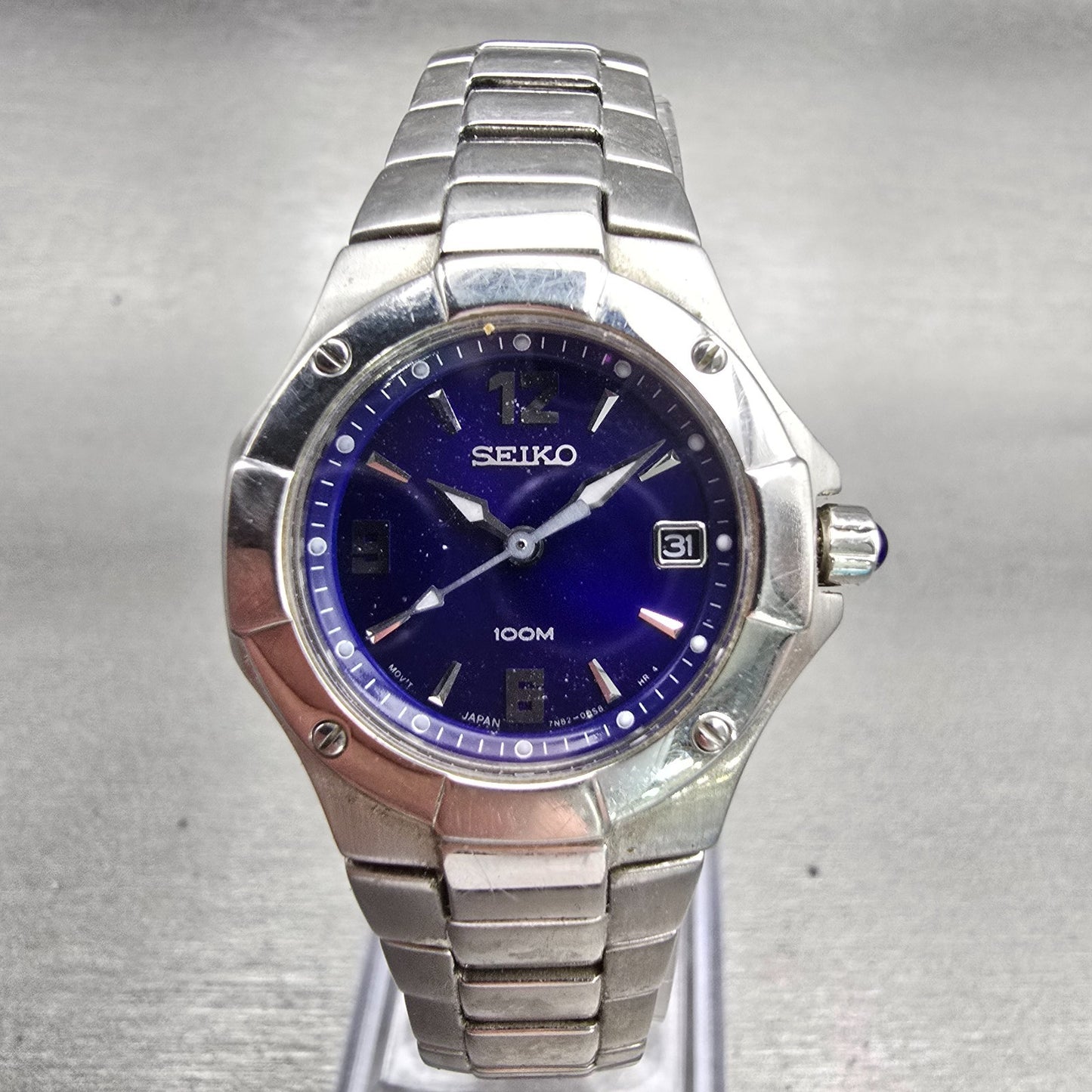 Seiko Watch Women 26mm Blue Dial Silver Tone Date Round 7N82-0BE0 New Battery0