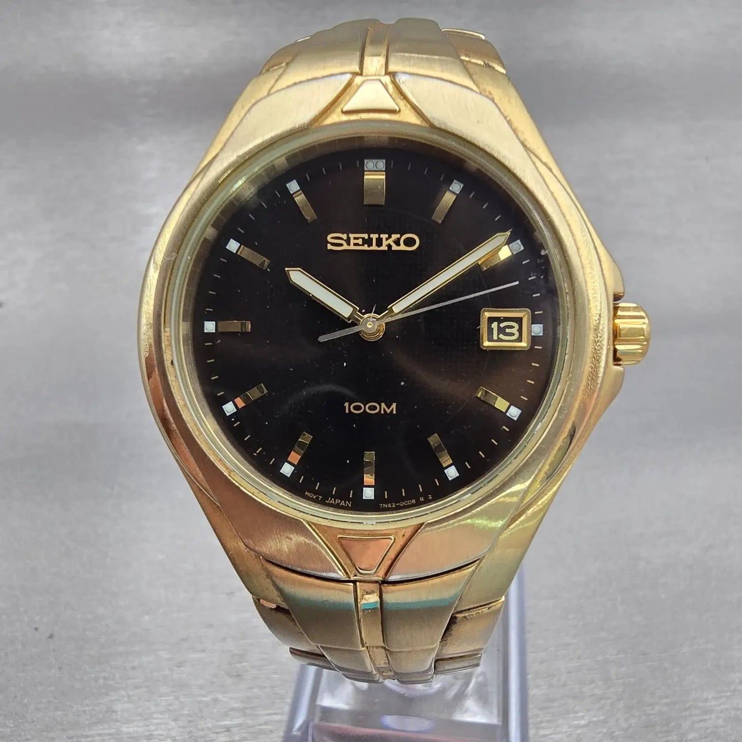 Seiko Watch Men 37mm Black Dial Gold Tone Date Round 7N42-0BC0 New Battery VTG0