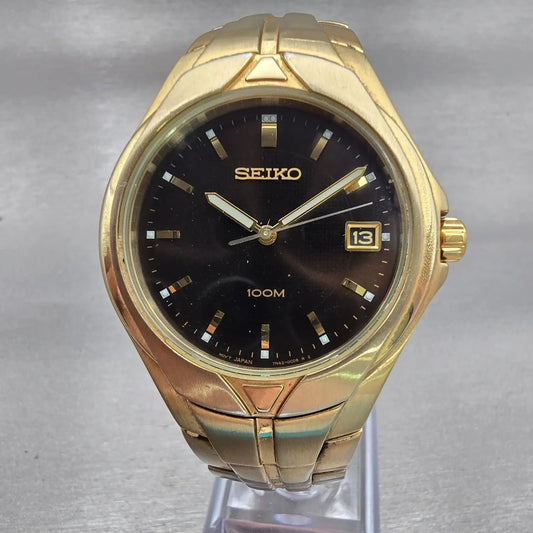 Seiko Watch Men 37mm Black Dial Gold Tone Date Round 7N42-0BC0 New Battery VTG0