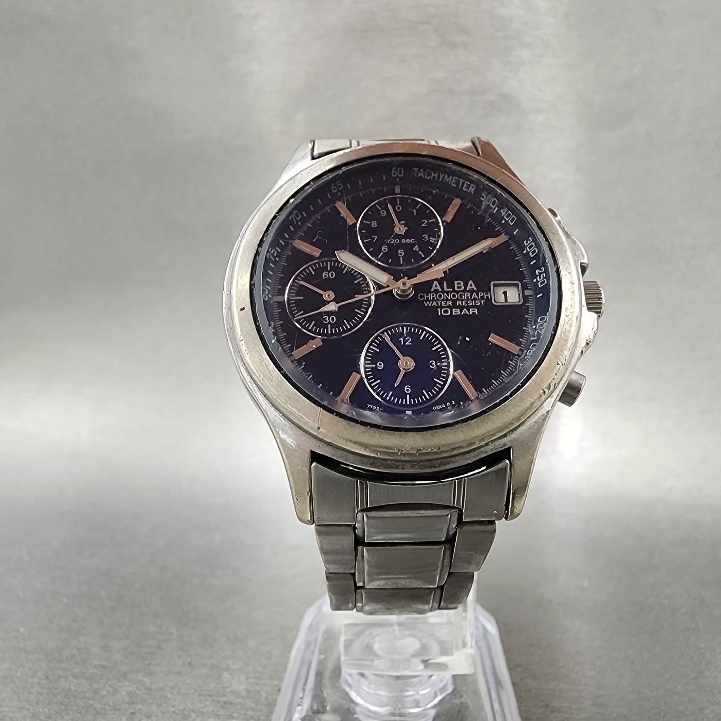 Seiko Alba Chronograph Watch Men 37mm Blue Dial Silver Tone Date 7t920ek0 PARTS6
