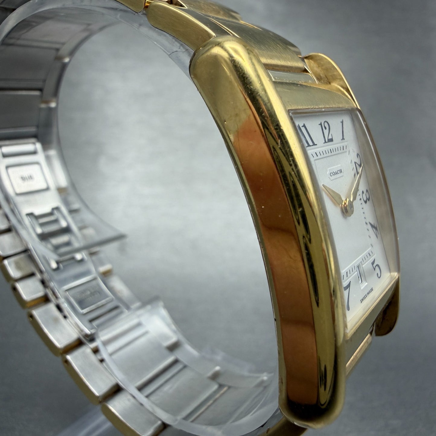 Coach Tank Watch Men 25mm Silver Dial Gold Tone Date 7.073.492 New Battery3