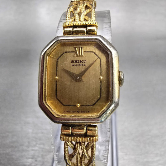 Seiko Watch Women 17mm Gold Dial Gold Tone Octagon 1400-8289 New Battery Vintage0
