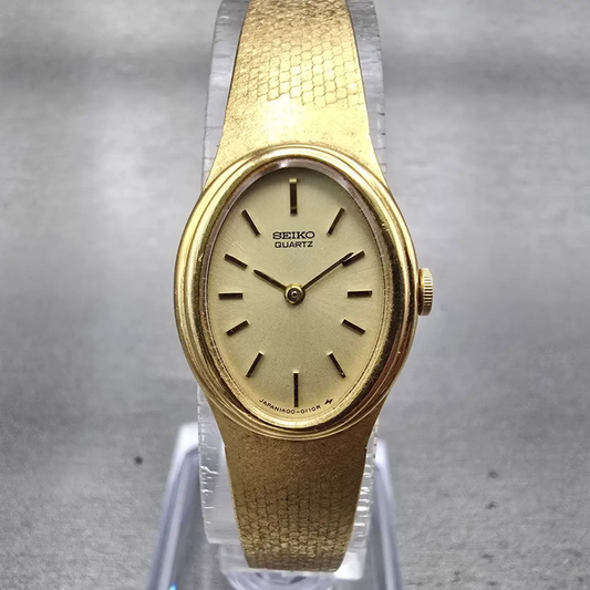 Seiko Watch Women 18mm Champagne Dial Gold Tone Oval 1400-5089 New Battery VTG0