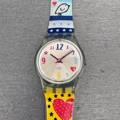 Swatch Kid's Patchwork Watch Women 25mm Silver Dial Clear Case LN141 New Battery0
