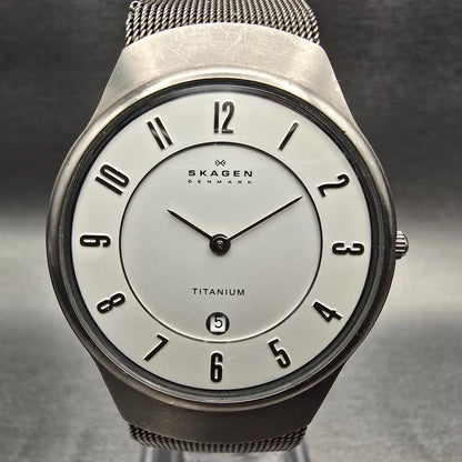 Skagen Watch Men 34mm White Dial Titanium Date Round 533LTTW New Battery1