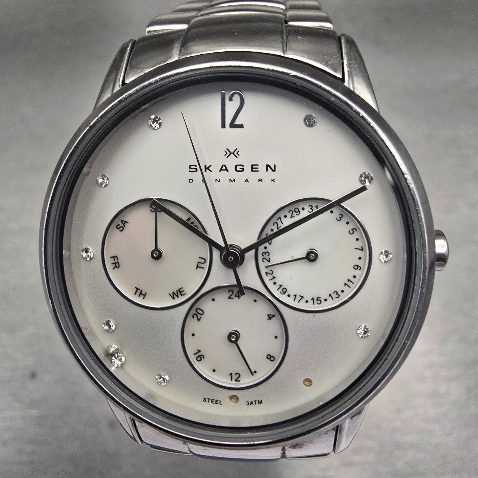 Skagen Watch Women 32mm MOP Dial Silver Tone Daydate Round 990SSX New Battery1