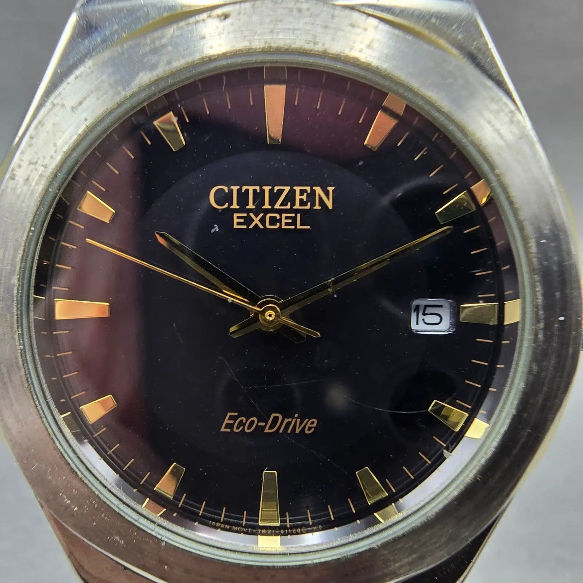 Citizen Excel Eco-Drive Watch Men 36mm Black Dial Two Tone Date Round Runs JDM1