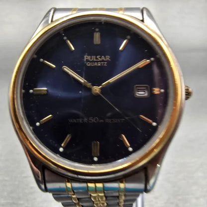 Seiko Pulsar Watch Men 36mm Blue Dial Two Tone Date Round V532-8C70 New Battery1