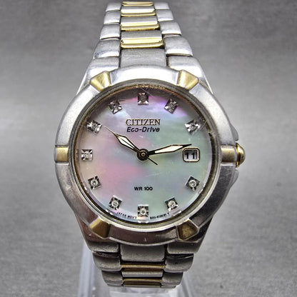 Citizen Eco-Drive Watch Women 26mm MOP Dial Two Tone Date E011-S064881 Runs HJ0
