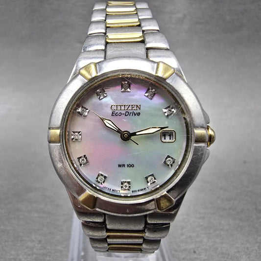Citizen Eco-Drive Watch Women 26mm MOP Dial Two Tone Date E011-S064881 Runs HJ0