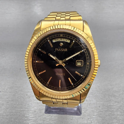 Seiko Pulsar President Watch Men 35mm Black Dial Gold Tone Daydate New Battery0