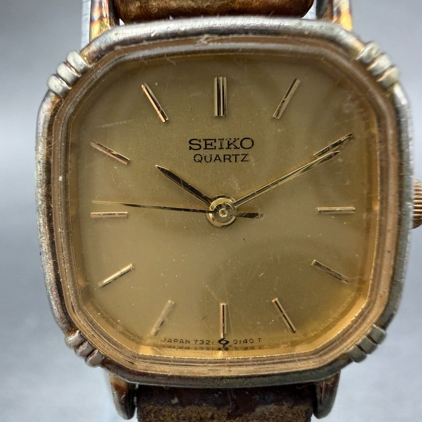 Seiko Watch Women 20mm Champagne Dial Gold Tone Square 7321-5070 New Battery GH61