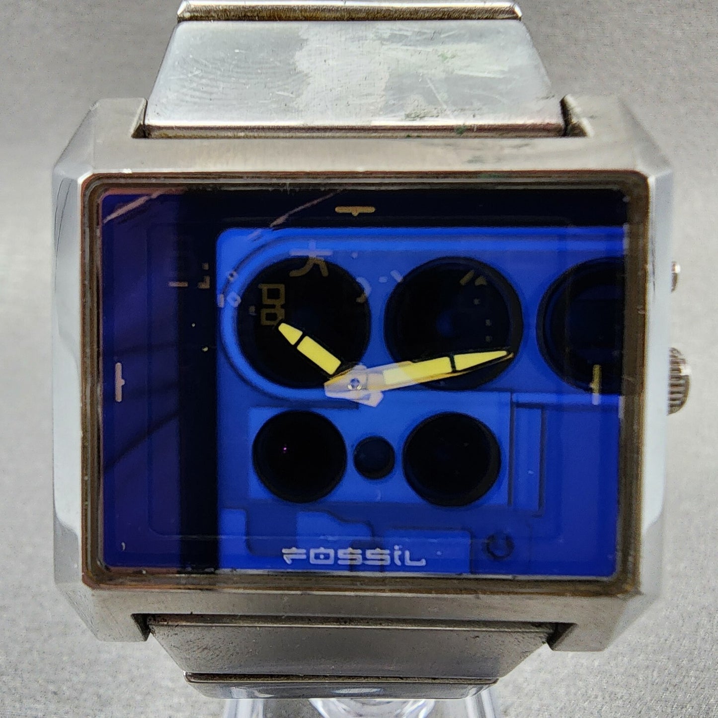 Fossil Bigtic Tank Watch Men 38mm LCD Dial Steel Rectangle JR-8539 New Battery