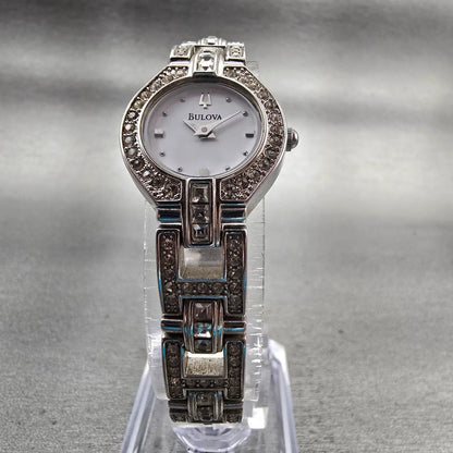 Bulova Watch Women 19mm White Dial Silver Tone Gemmed Round 96T21 New Battery5