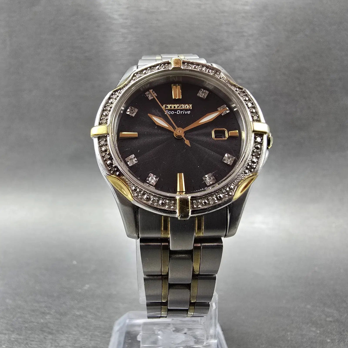 Citizen Eco-Drive Watch Women 26mm Black Dial Two Tone Date E013-S090288 Runs5