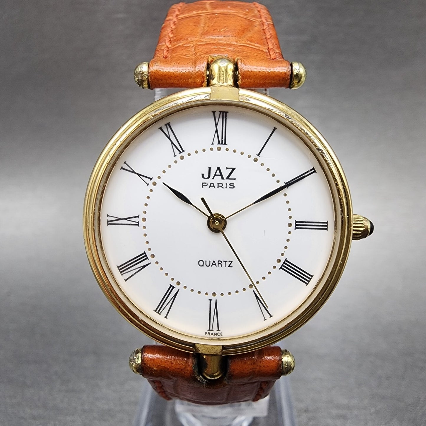 Jaz Paris Watch Women 30mm White Dial Gold Tone Round Leather Band New Battery0