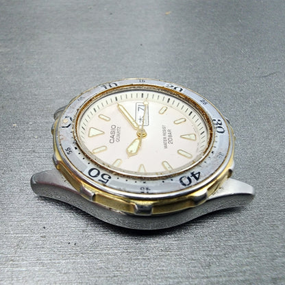 Casio Dive Watch Men 36mm White Dial Two Tone Daydate Round MD715 PARTS4