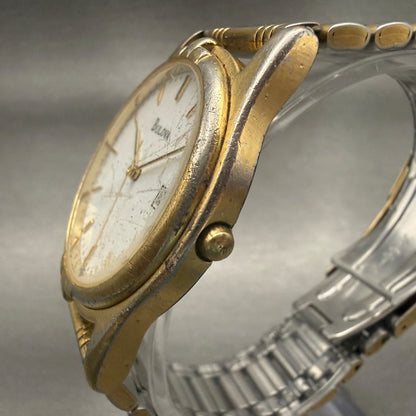 Bulova Watch Men 35mm White Dial Gold Tone Date Round Vintage New Batttery2