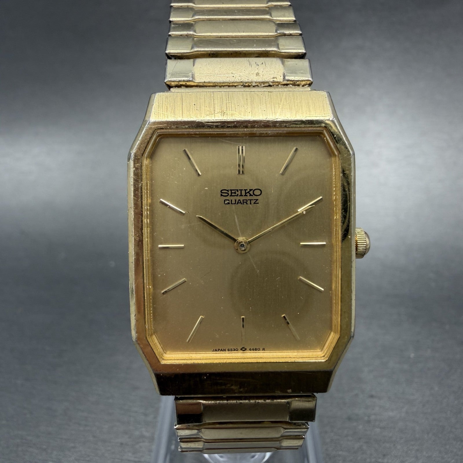 Seiko Tank Watch Men 25mm Champagne Dial Gold Tone 6530-5790 New Battery0