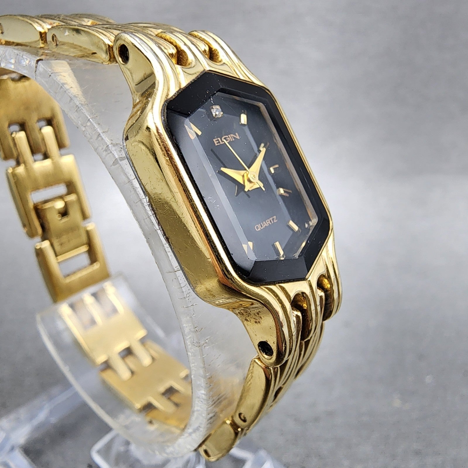 Elgin Watch Women 17mm Black Dial Gold Tone Hexagon EL394 New Battery3