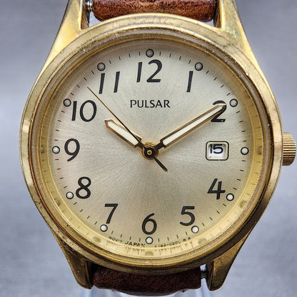 Pulsar Watch Women 27mm Champagne Dial Gold Tone Date Round V782-0320 New Batt