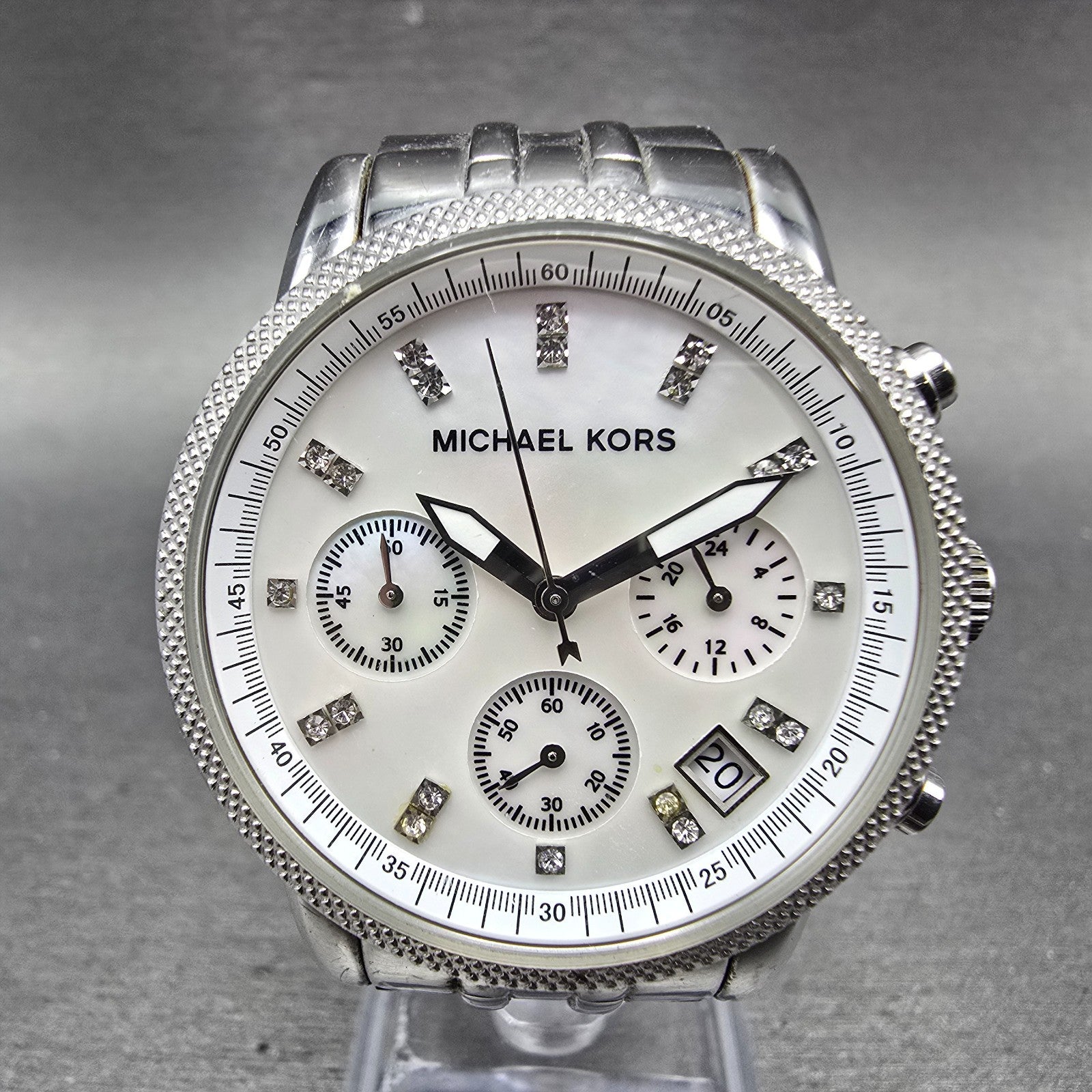 Michael Kors Ritz Chronograph Watch Women 37mm MOP Dial Silver Tone New BatteryW0