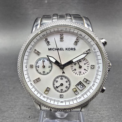 Michael Kors Ritz Chronograph Watch Women 37mm MOP Dial Silver Tone New BatteryW0