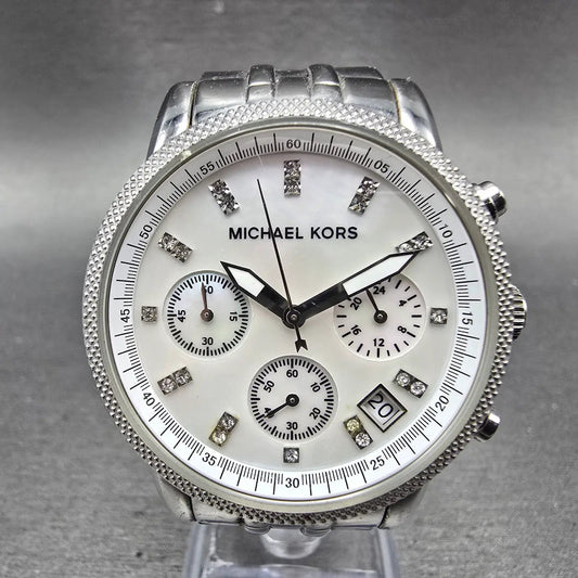 Michael Kors Ritz Chronograph Watch Women 37mm MOP Dial Silver Tone New BatteryW0
