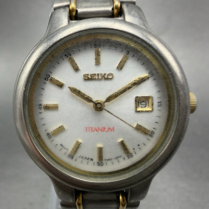 Seiko Watch Women 27mm Silver Dial Two Tone Titanium Date 7N82-0420 New Battery1