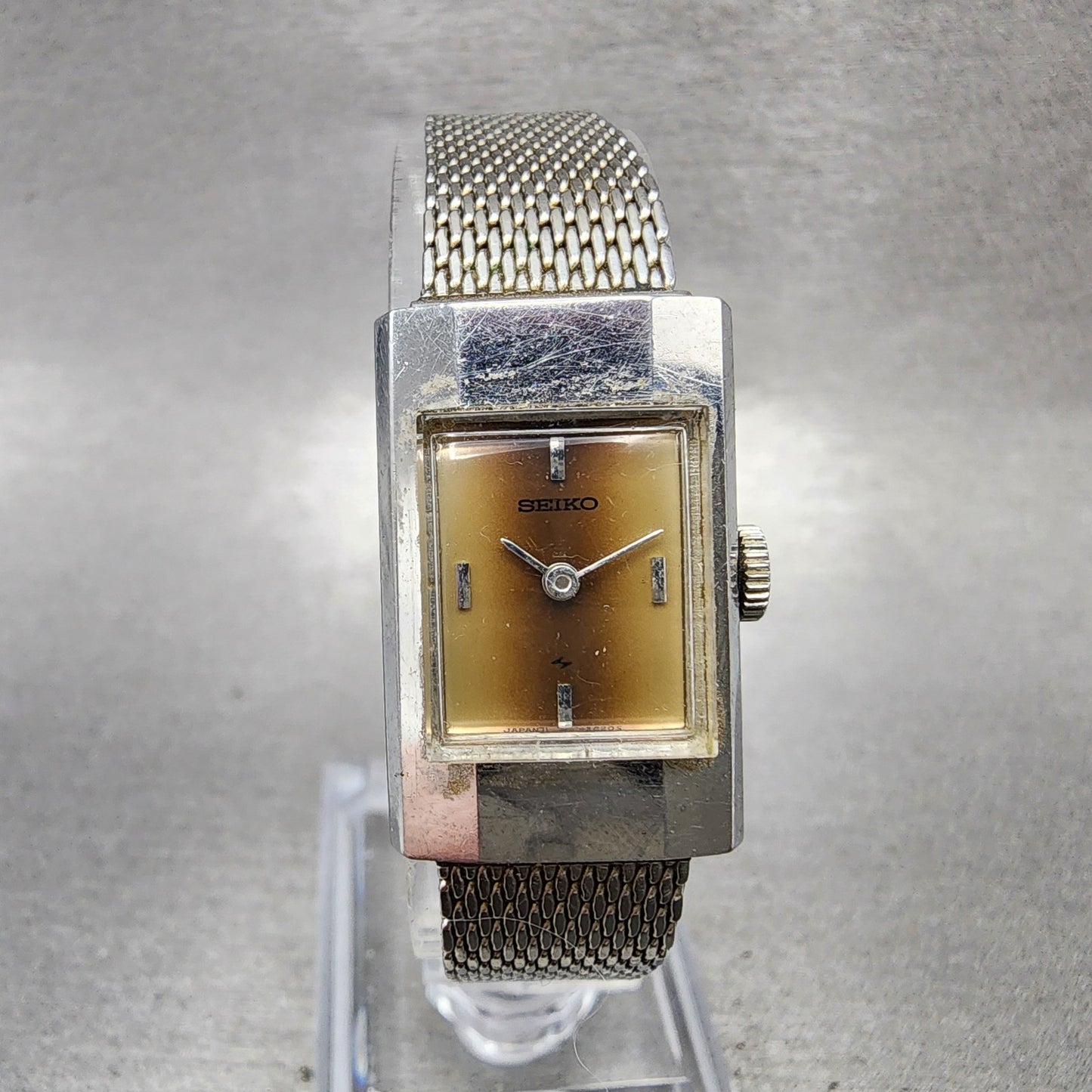 Seiko Tank Watch Women 16mm Brown Dial Silver Tone Rectangle 113840 Manual Runs0
