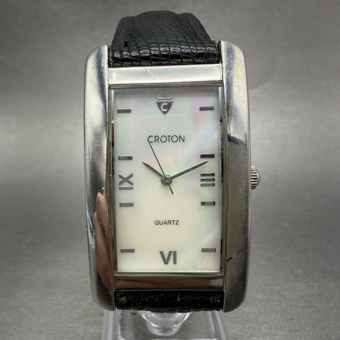 Croton Tank Watch Men 27mm MOP Dial Silver Tone Rectangle New Battery Leather0