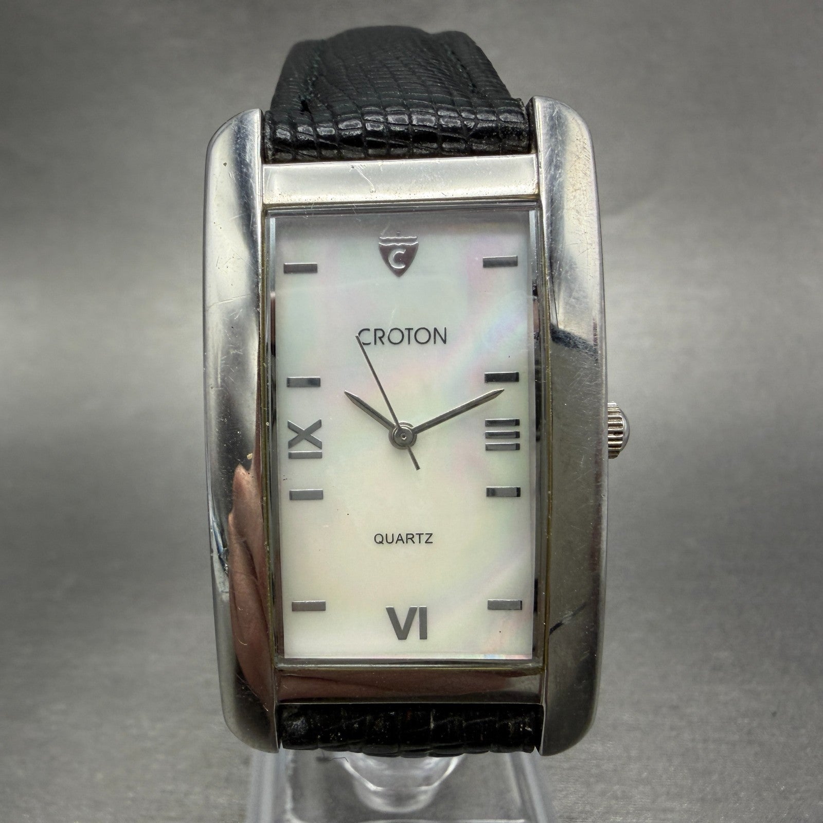 Croton Tank Watch Men 27mm MOP Dial Silver Tone Rectangle New Battery Leather0