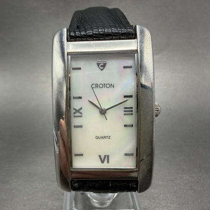 Croton Tank Watch Men 27mm MOP Dial Silver Tone Rectangle New Battery Leather0