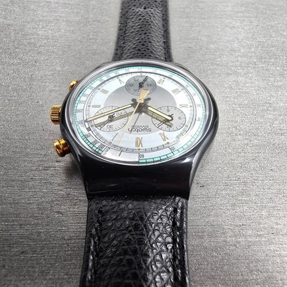 Swatch Chrono Colossal Watch Men 38mm Silver Dial Black Case SCB109 New Batt NOS7