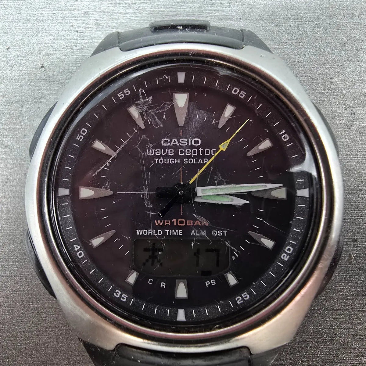 Casio Wave Ceptor Watch Men 43mm Black Dial Silver Analog Digital Solar WVA-430J1
