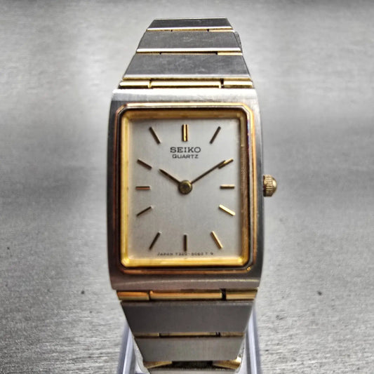 Seiko Watch Women 17mm Silver Dial Two Tone Rectangle 7320-5039 New Battery VTG0