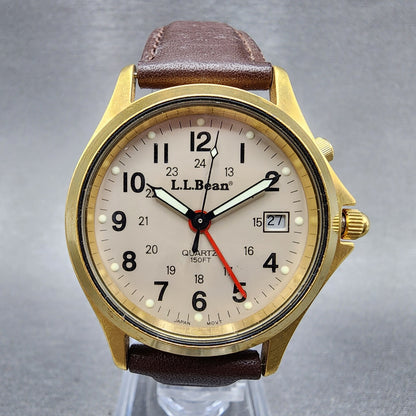 LL Bean Alarm Watch Men 34mm Gray Dial Gold Tone Date Round New Battery