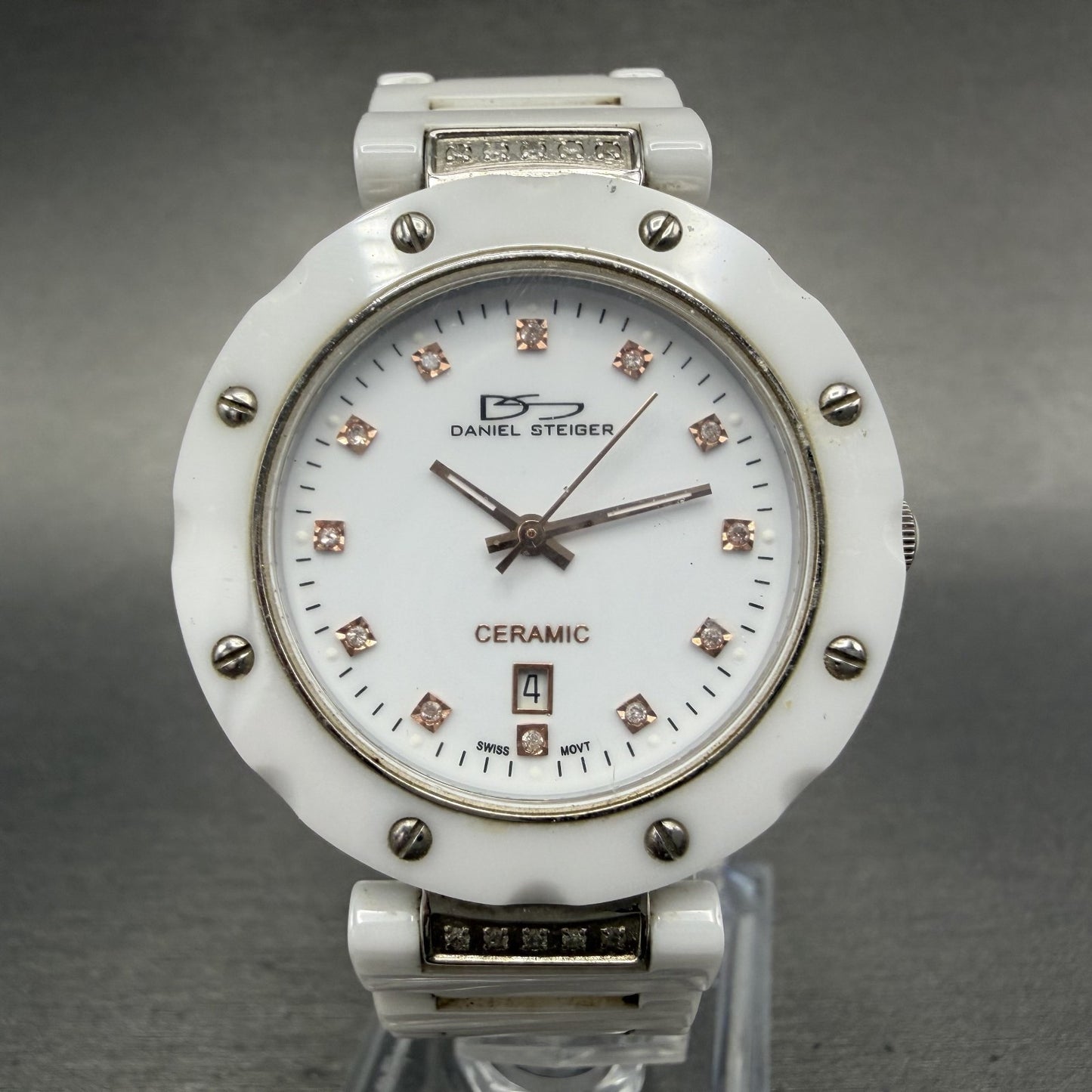 Daniel Steiger Watch Women 35mm White Dial Steel Ceramic Date 8092L New Battery0