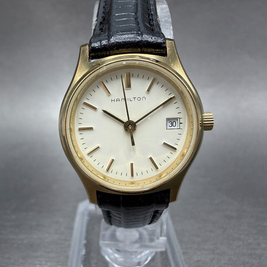 Hamilton Watch Women 24mm White Dial Gold Tone Date Round 9818 New Battery0