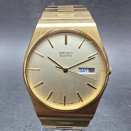 Seiko Watch Men 33mm Champagne Dial Gold Tone Daydate 5Y23-8119 New Battery VTG0