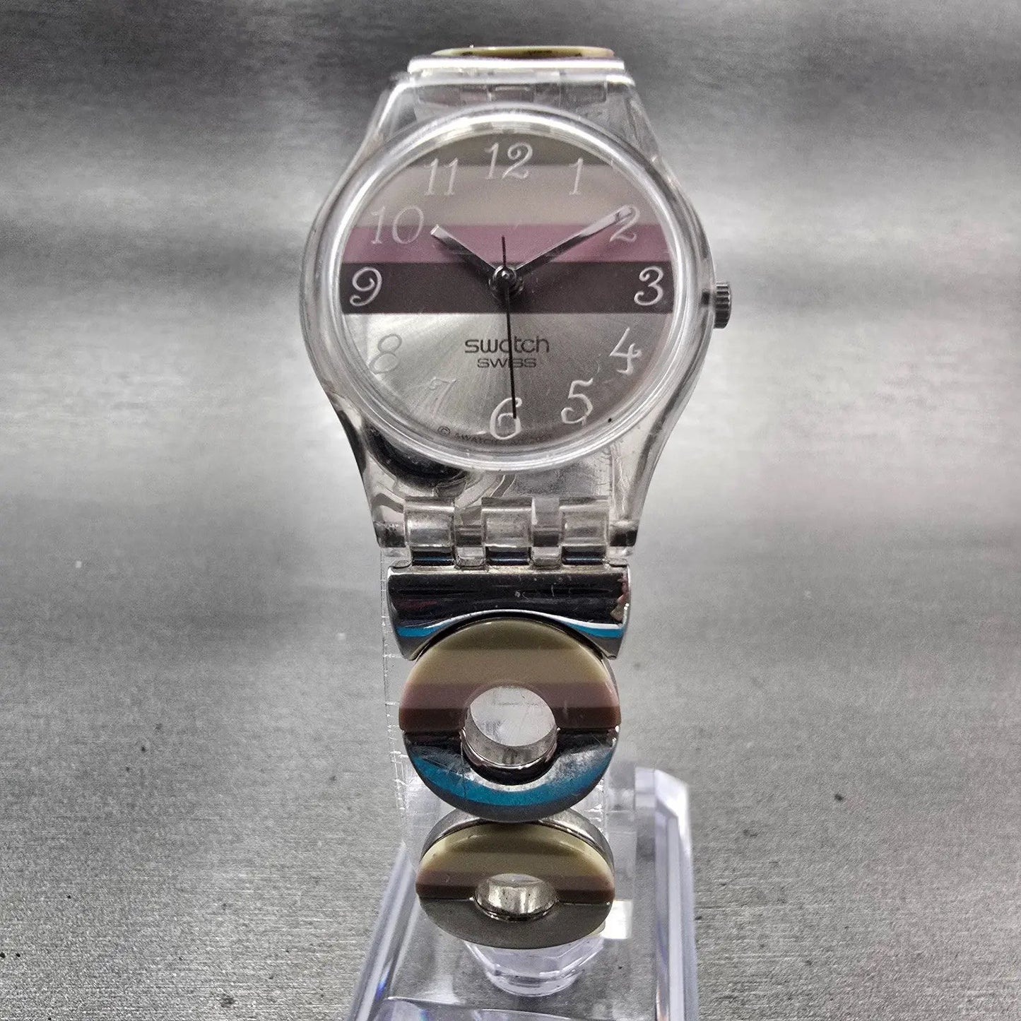 Swatch METALLIC DUNE Watch Women Brown Dial Clear Case Round LK258G New Battery6