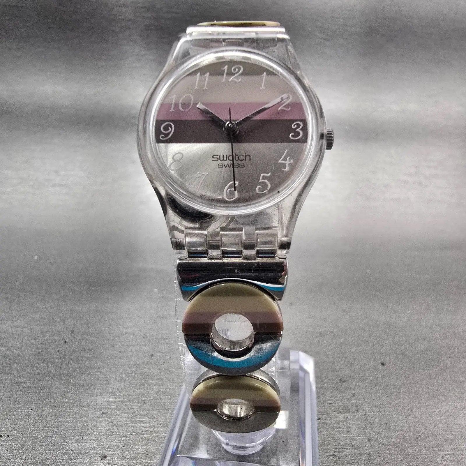 Swatch METALLIC DUNE Watch Women Brown Dial Clear Case Round LK258G New Battery6