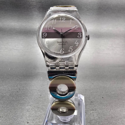 Swatch METALLIC DUNE Watch Women Brown Dial Clear Case Round LK258G New Battery6